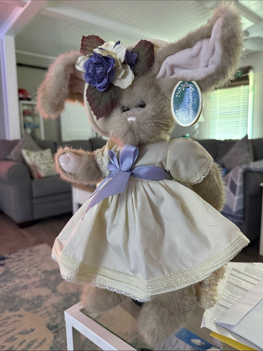 Cream-Dressed Beige Bunny Plush with Purple Bow - Kids Stuffed Animal